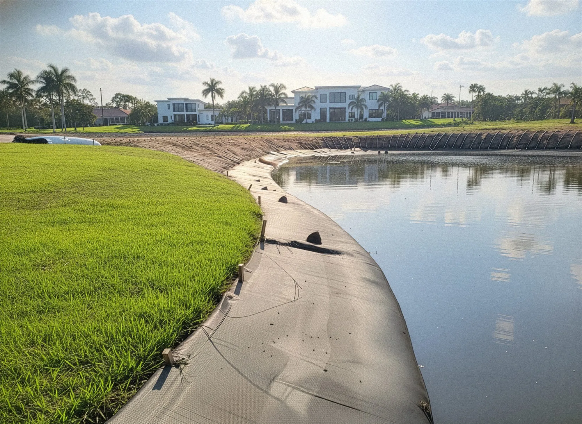 A filled gray geotextile tube runs along the curved edge of a lake, below a mown lawn.