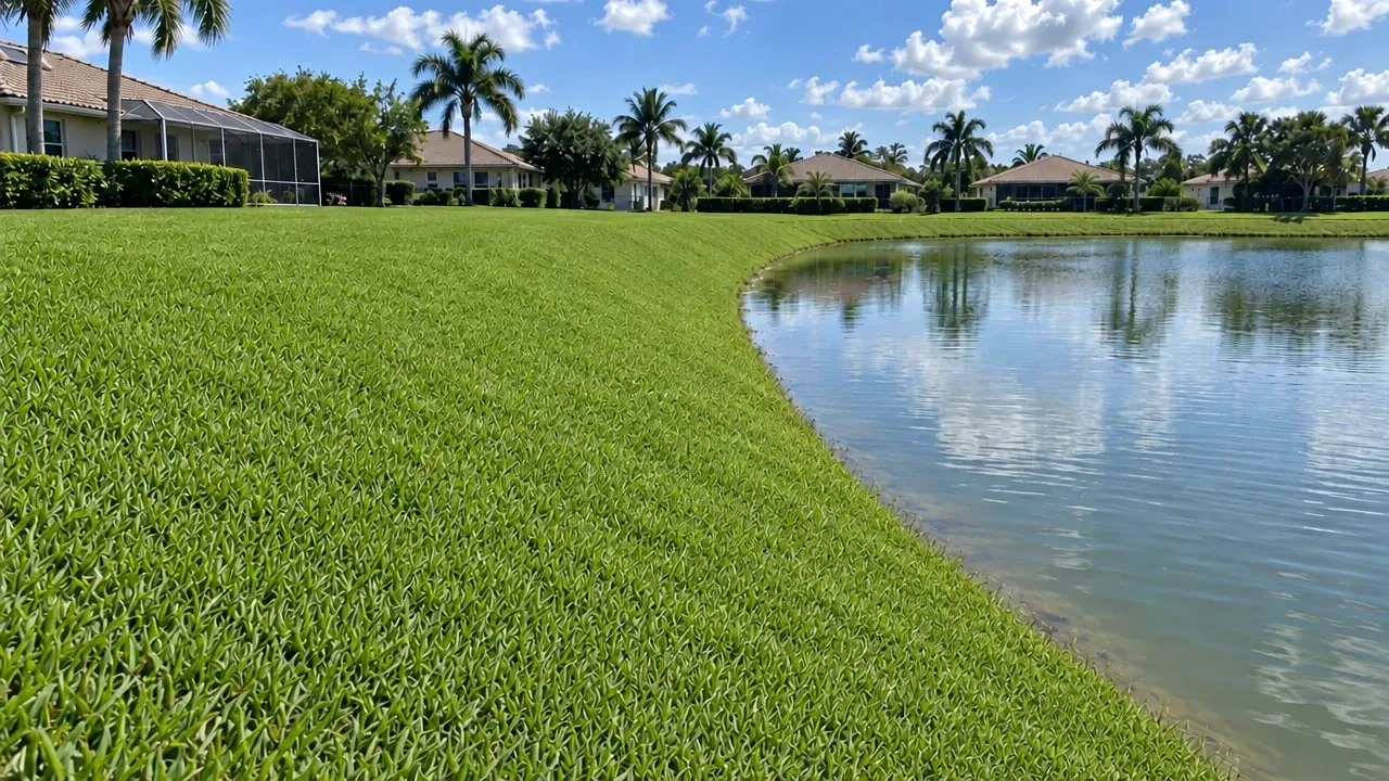 The same pond slope grassed in: dense green bahia grass runs from the lawn down to the water's edge.