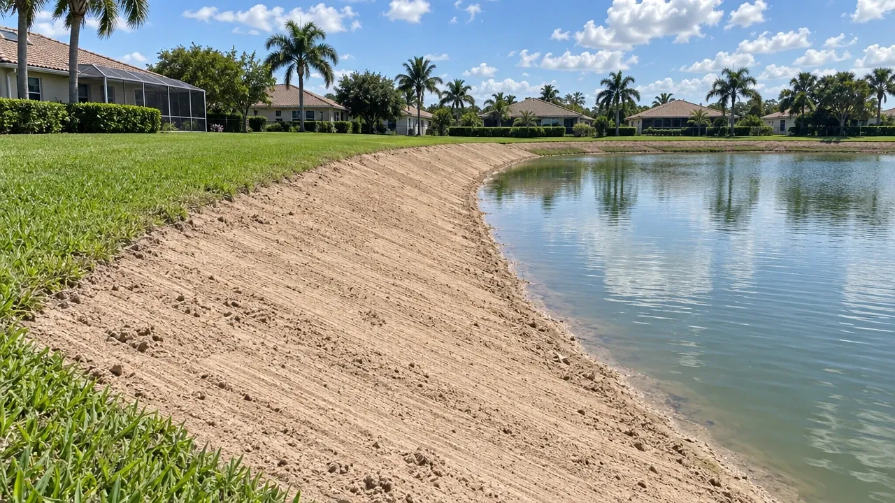A freshly regraded retention pond slope of bare tan sand between a lawn and the water.