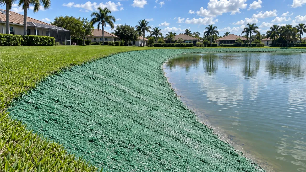 The same slope covered with a fresh layer of green-dyed wood fiber hydromulch.