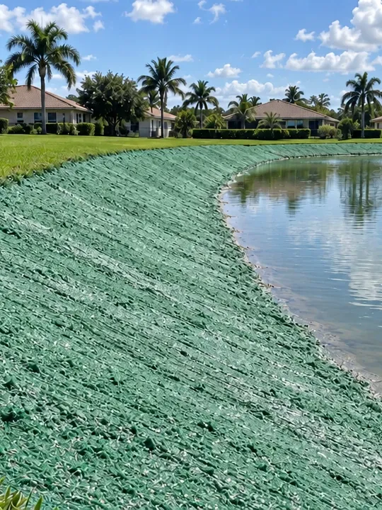 A pond slope covered with fresh green hydromulch on the day it was seeded.