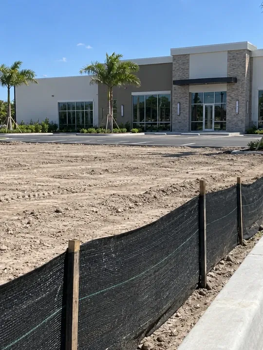 A bare graded lot next to a new parking lot and building, with a black silt fence on wooden stakes.