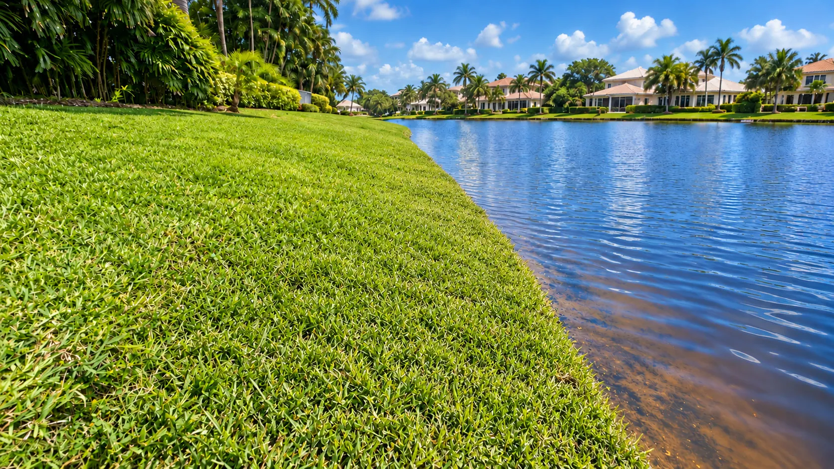 The bank finished: thick green sod runs down a gentle slope to the water’s edge, and no fabric shows. Houses and palms stand on the far shore.