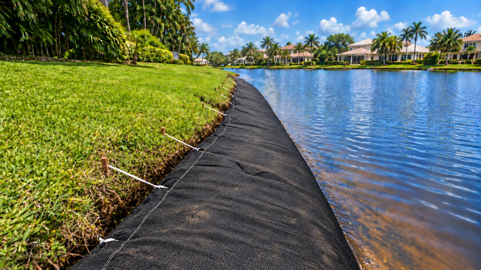 A filled black geotextile tube lies along the edge of a lake below a mown bank, tied back with white straps to short wooden stakes in the grass.