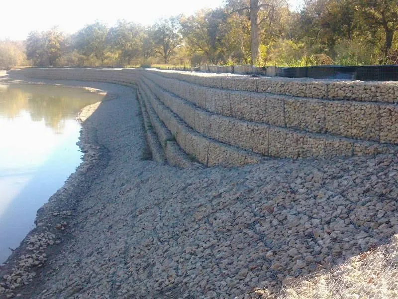 Rock-filled wire baskets stacked in three steps along a curving shore. Below them a slope of rock under wire mesh runs down to still water, and trees stand behind the wall.